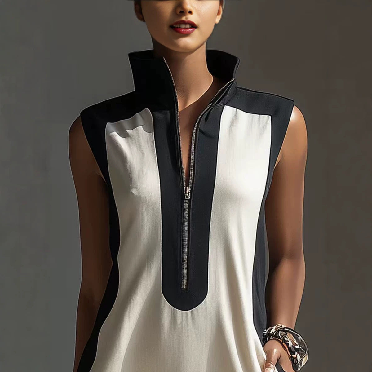 Women's Black & White Color-Block Mini Dress With Stand Collar