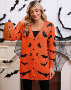 Women's Halloween Bat Moon Print V Neck Long Sleeve Button Front Knit Cardigan