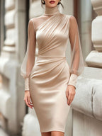 Elegant High-End Satin Mesh Splicing High-Neck Waist-Hugging Evening Dress