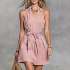 Halter Neck V-Neck Waist Tie Casual Holiday Women'S Dress