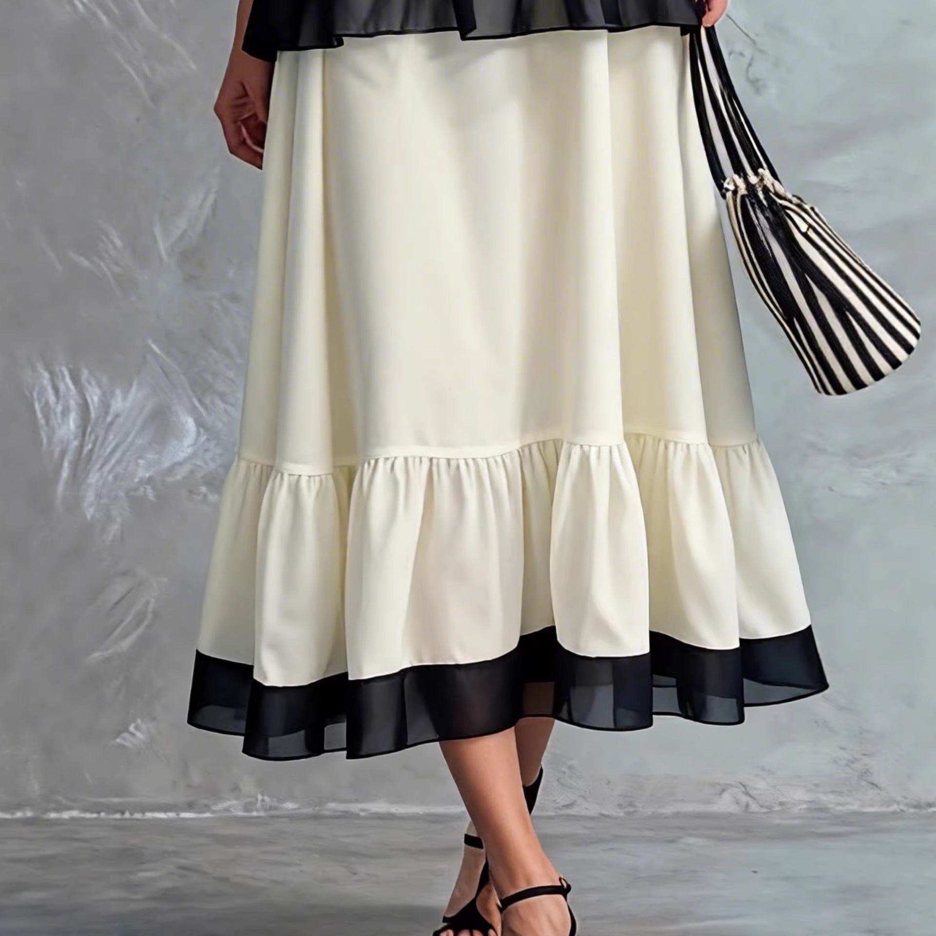 Elegant Black & White Tiered Two-Piece Maxi Set