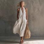 Relaxed Halter Neck Linen Midi Dress with Pockets