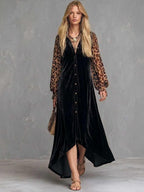 Velvet Button-Front Maxi Dress with Sheer Leopard Print Sleeves