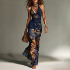 Boho Floral Halter Mesh Maxi Dress