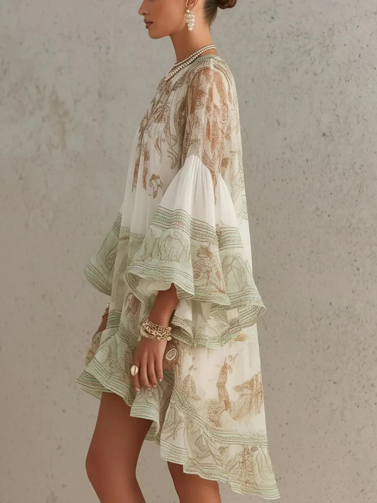 Boho Printed Ruffled Flare Sleeve Stretchy Polyester Womens Mini Dress