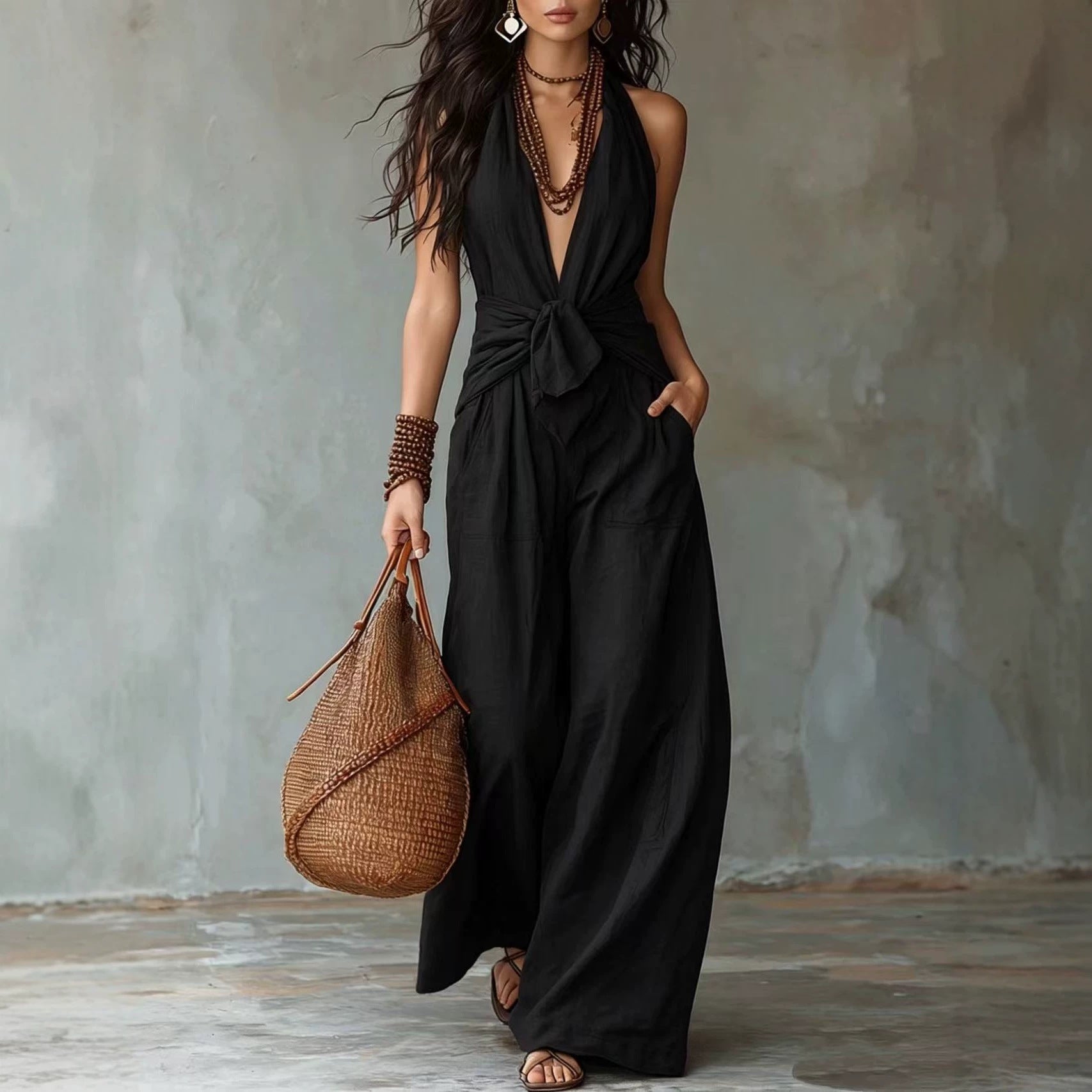 Earthy Brown Halter Wide-Leg Jumpsuit