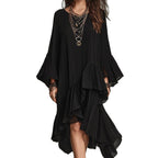 Crinkled Textured Oversized Bell Sleeve Asymmetrical Ruffle High Low Midi Dress