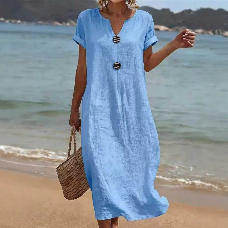 Women's Linen‑Blend Notched Neck Button Detail Maxi Dress