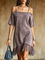 Off Shoulder Spaghetti Strap Suede Fringe Mini Dress