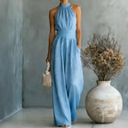 Halter Neck Linen-Blend Wide Leg Jumpsuit