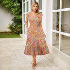 Women's V-Neck Ruffle Sleeve Midi Dress - Versatile Casual Floral/Print Dress with Pockets (6 Colors Available)