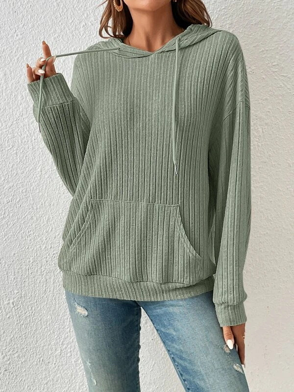 Ribbed Knit Drawstring Hoodie with Kangaroo Pocket