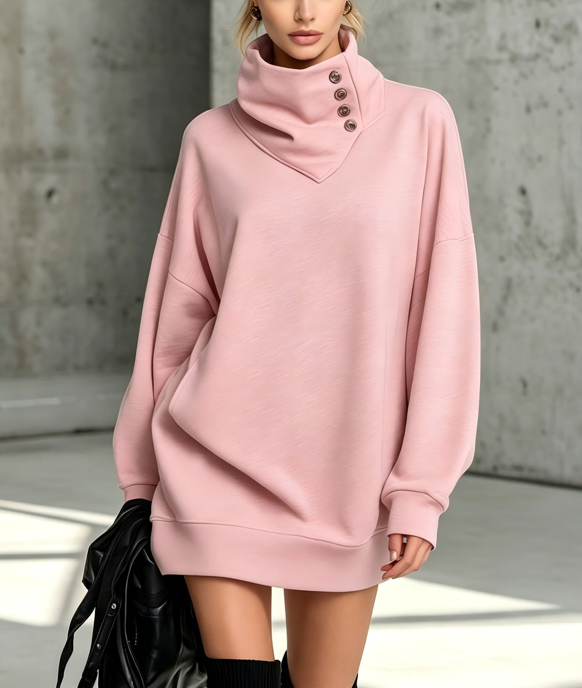 Women's Solid Pink Button-Detail Cowl Neck Long Sweatshirt Tunic Dress