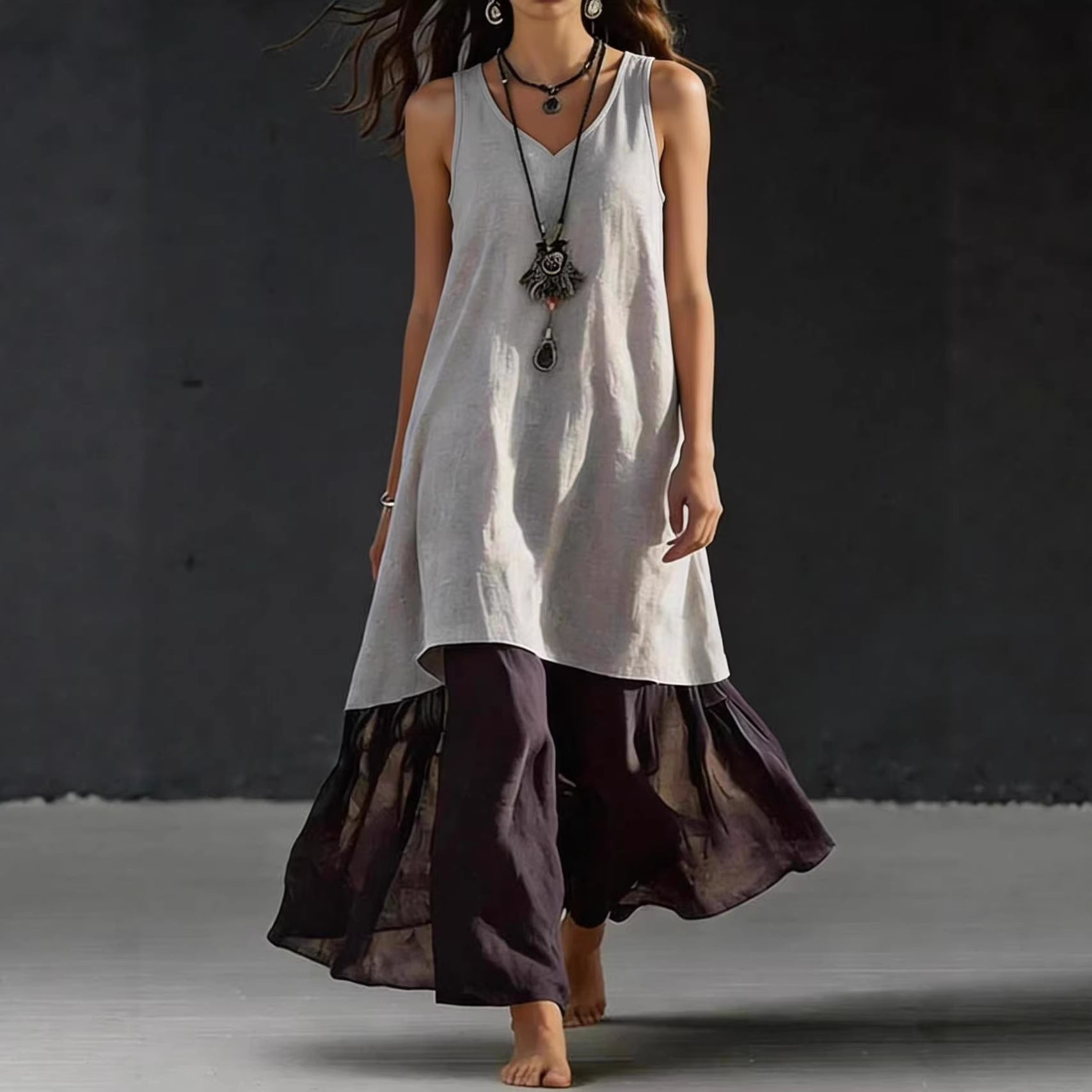 High-Low Tunic Top & Sheer Layered Wide Leg Pants