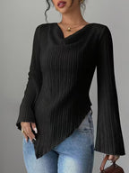 Women's White Ribbed V Neck Flare Long Sleeve Asymmetric Hem Slim Knit Top