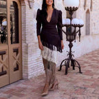 Women Deep V Puff Sleeve Wrap Fringe Midi Dress