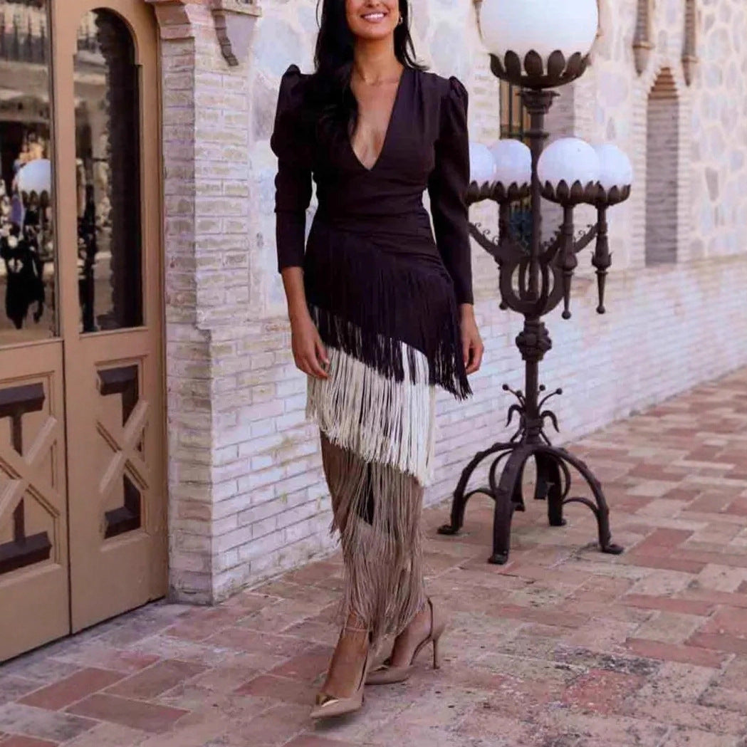 Women Deep V Puff Sleeve Wrap Fringe Midi Dress