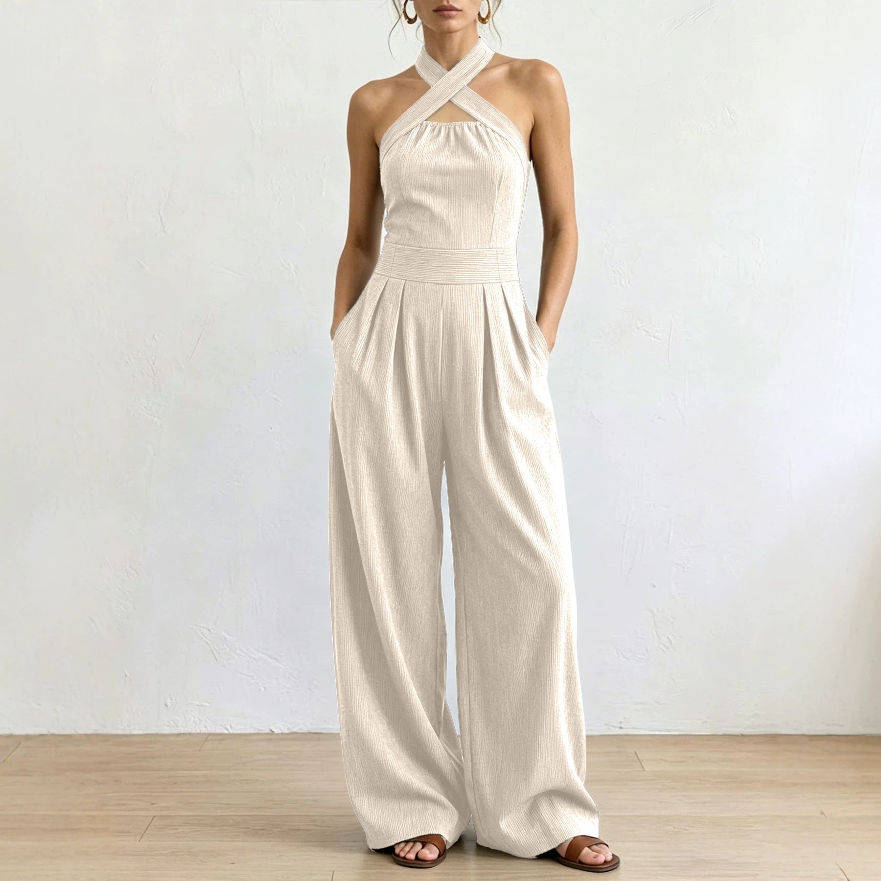 Crisscross Halter Keyhole Cutout High Waist Wide Leg Pantsuit with Pockets