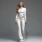 Rib Turtleneck Crop Long Sleeve Top & High Waist Flare Leg Pant 2 Piece Sporty Co-Ord Set