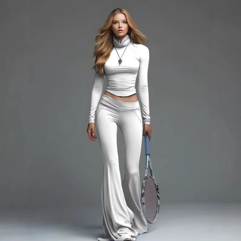 Rib Turtleneck Crop Long Sleeve Top & High Waist Flare Leg Pant 2 Piece Sporty Co-Ord Set