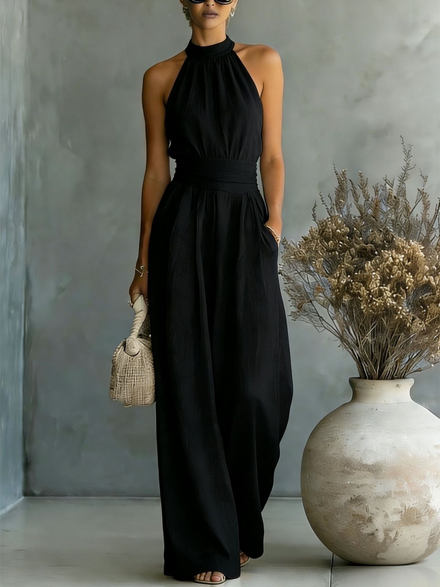 Halter Neck Linen-Blend Wide Leg Jumpsuit
