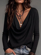 Cowl Neck Long Sleeve Ribbed Knit Top