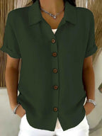 Women's Turn-Down Collar Short Sleeve Linen Shirt