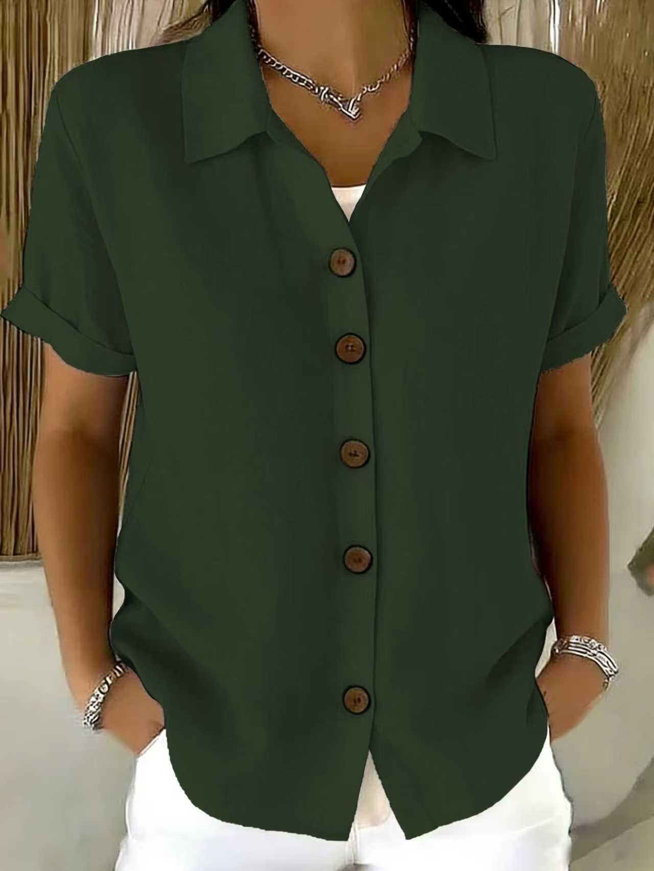 Women's Turn-Down Collar Short Sleeve Linen Shirt