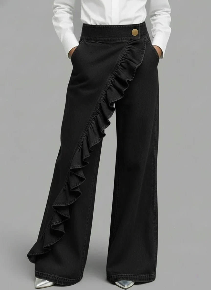 Ruffle Accent High-Waist Wide-Leg Jeans