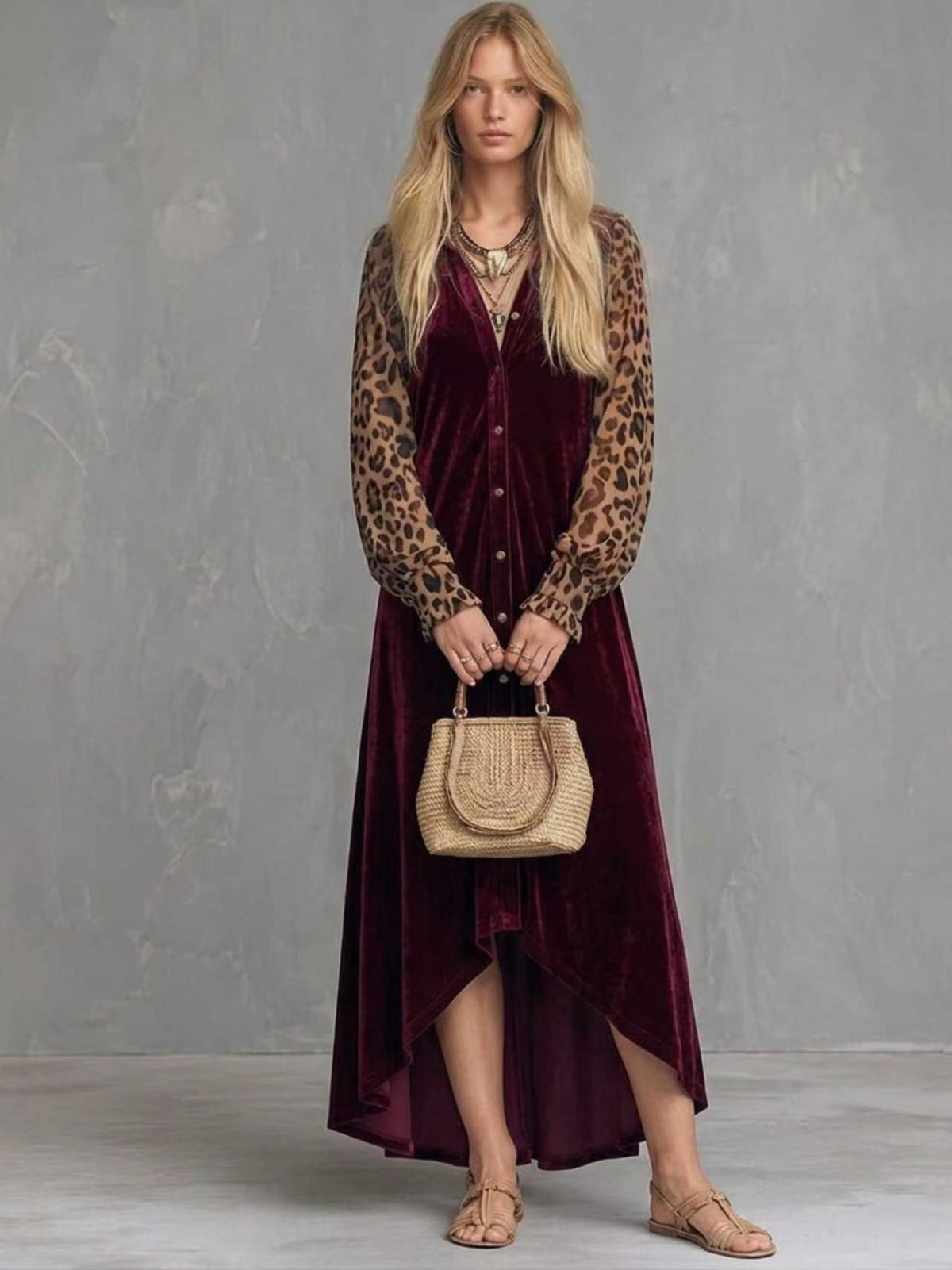 Velvet Button-Front Maxi Dress with Sheer Leopard Print Sleeves