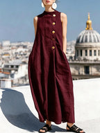 Sleeveless Stand Collar Linen Midi Maxi Dress with Side Buttons
