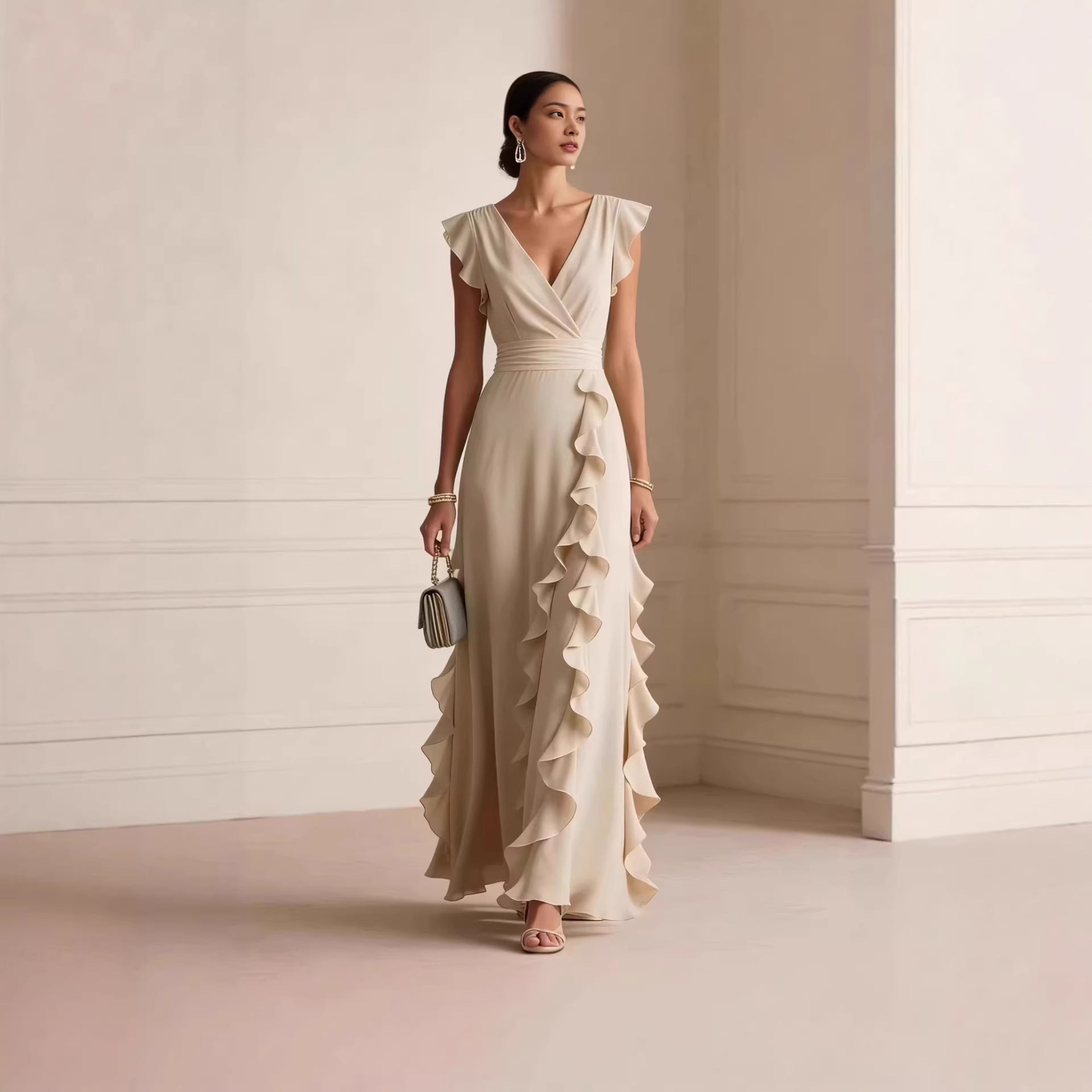 Flutter Sleeve Ruffle Maxi Dress