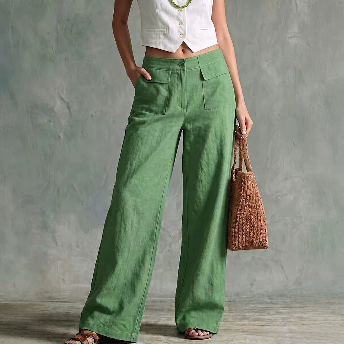 Sage Linen High Waist Patch Pocket Wide Leg Trousers