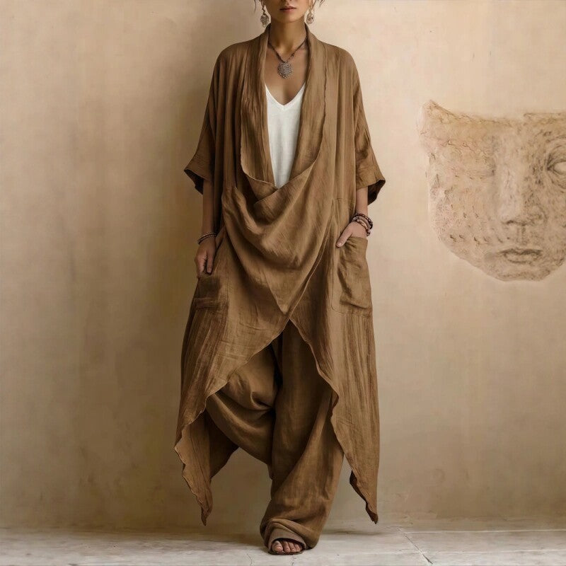 Casual Bohemian Style Suit Consists Of Two Pieces, A Long Linen Cotton Top And Trousers