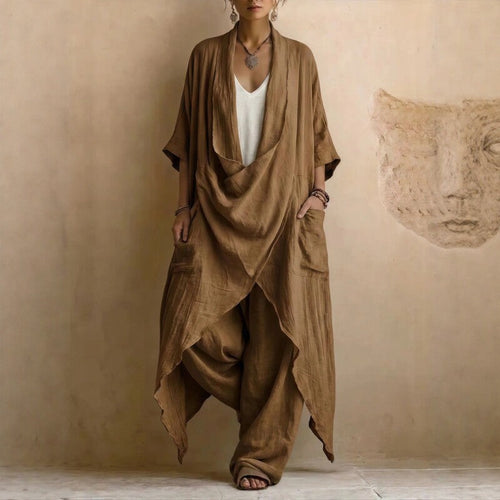 Casual Bohemian Style Suit Consists Of Two Pieces, A Long Linen Cotton Top And Trousers