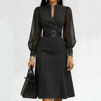 Belted Wrap V Neck Flared Hem Business Casual Dress