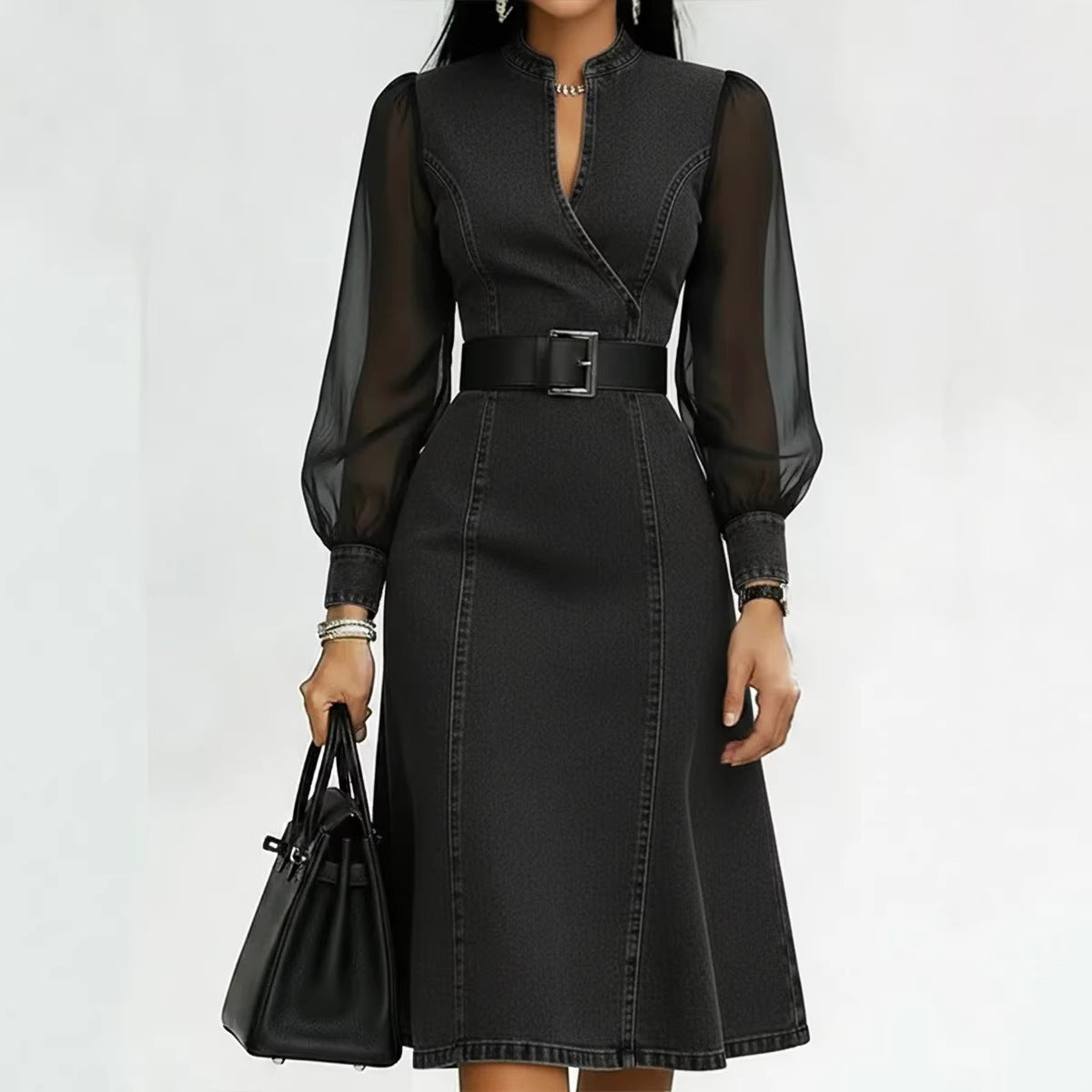 Belted Wrap V Neck Flared Hem Business Casual Dress
