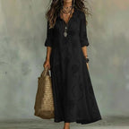 Women'S Ruffle V‑Neck Floral Embroidery Roll‑Up Sleeve Maxi Dress