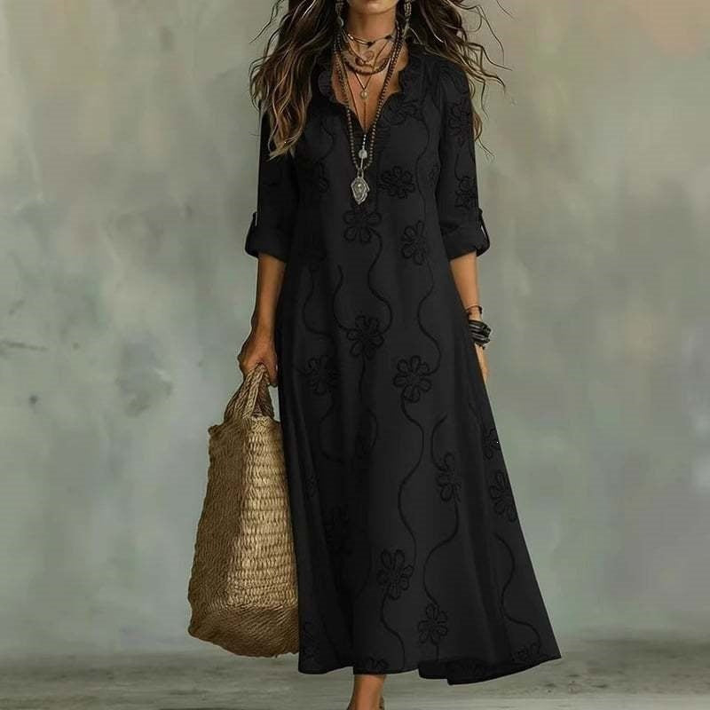 Women'S Ruffle V‑Neck Floral Embroidery Roll‑Up Sleeve Maxi Dress