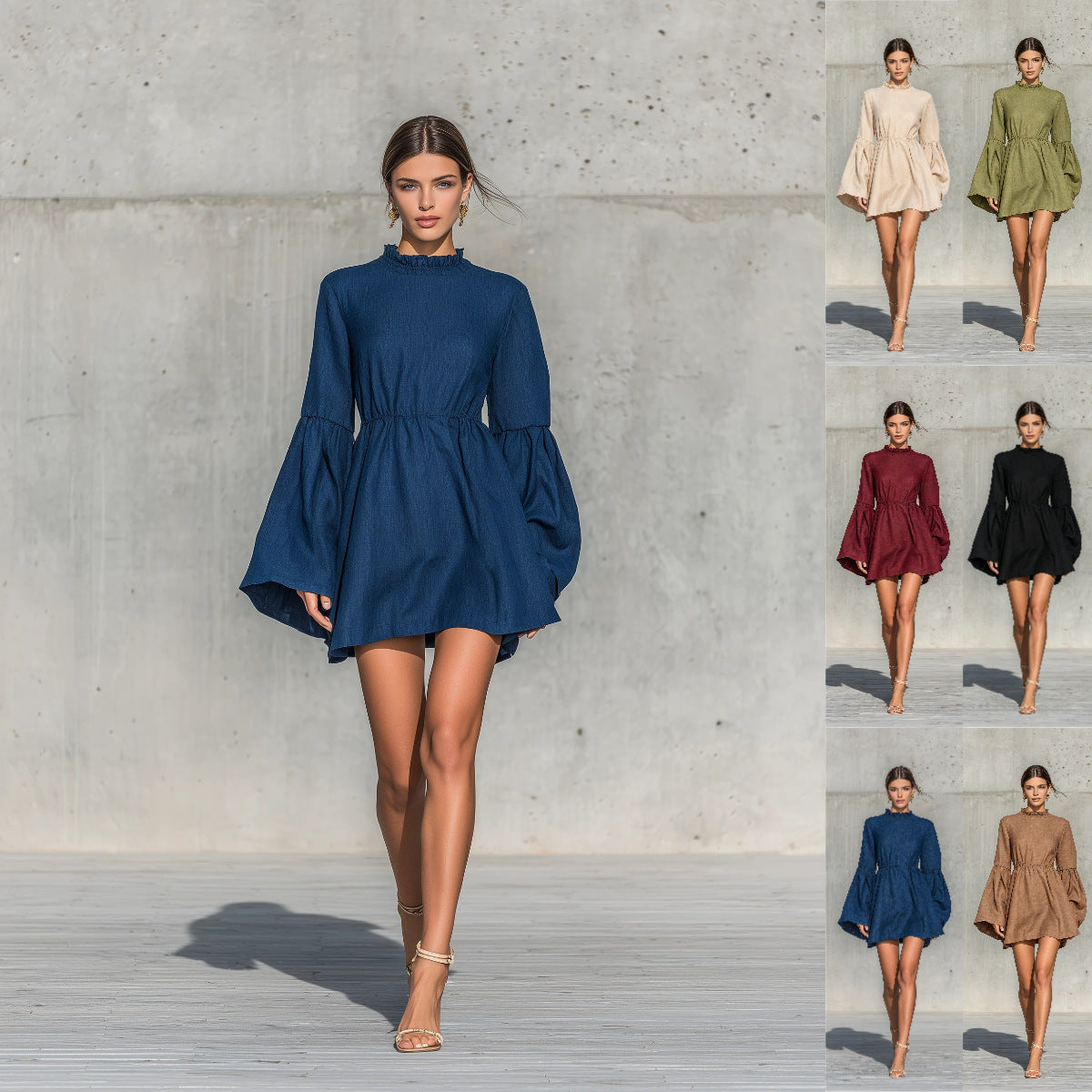 Ruffled High‑Neck Bell‑Sleeve Elastic Waist Mini Dress