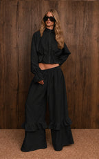 Casual Dusty Lavender Cropped Jacket and Flared Ruffle Pant Set