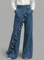 Ruffle Accent High-Waist Wide-Leg Jeans