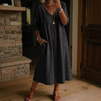 Elegant Linen-Blend V-Neck Midi Dress with Lace Inserts & Pockets | Casual Summer Dress for Women