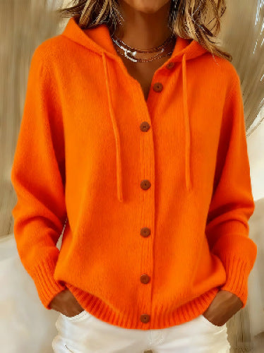 Button Front Hooded Knit Cardigan With Pockets