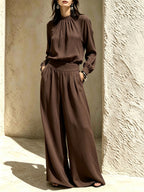 Women'S Gathered High‑Neck Blouse & Pleated Wide‑Leg Pants Two‑Piece Set