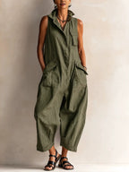 Sleeveless Linen Utility Jumpsuit Loose Cropped Wide Leg Cargo Jumpsuit
