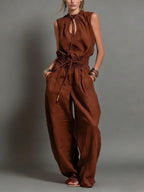 Beige Linen-Blend Smocked-Waist Jumpsuit
