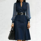 Belted Wrap V Neck Flared Hem Business Casual Dress