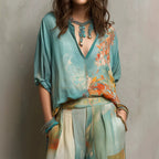 Watercolor Floral Print Two-Piece Linen-Blend Set