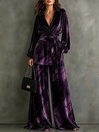 Velvet Wrap Blouse & Wide-Leg Pant Set – Printed Two-Piece
